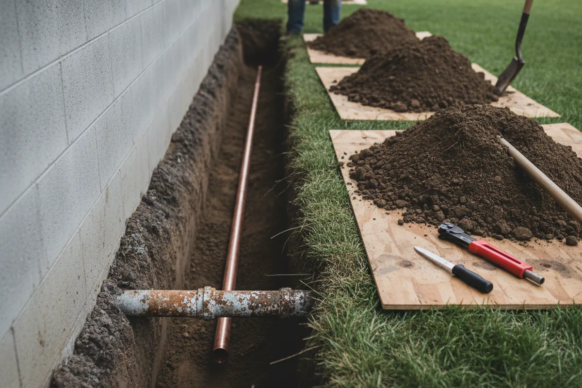 Excavated water line trench during Water Softener Installation in Robbins